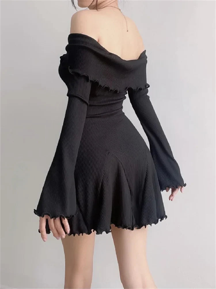 Women's Off Shoulder Knit Mini Dress Ribbed Long Sleeve Slim Fit Sweater Dress - Seldom Seen Styles