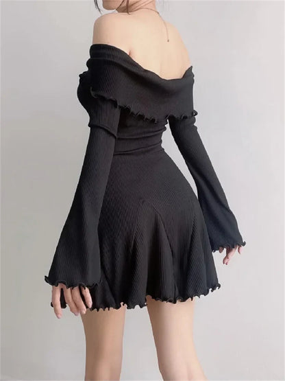 FashionSierra – Schwarz Strick Damen Off-Shoulder Locker Schmal Fashion Geripptes Kleid Strickwaren Kleidung Weiblich Freizeitkleid