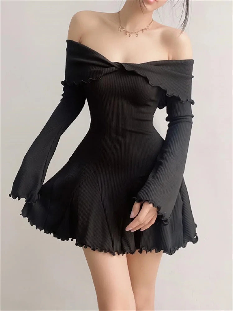 Women's Off Shoulder Knit Mini Dress Ribbed Long Sleeve Slim Fit Sweater Dress - Seldom Seen Styles