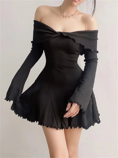 FashionSierra – Schwarz Strick Damen Off-Shoulder Locker Schmal Fashion Geripptes Kleid Strickwaren Kleidung Weiblich Freizeitkleid