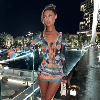 Mesh Aushöhlen Transparent Rüschen Nachtclub Party Enges Minikleid für Frühling und Sommer