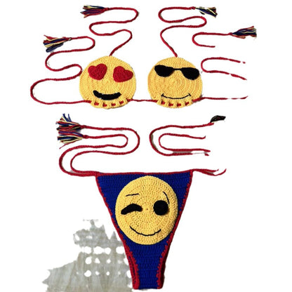 Trendiges, handgehäkeltes Bikini-Badeanzug-Set mit Farbblock-Cartoon-Strick