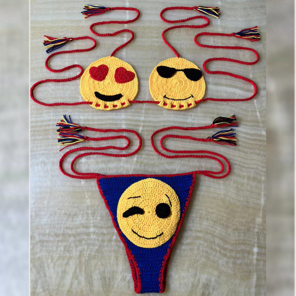 Trendy Color-Block Cartoon Knit Hand-Crocheted Fun Bikini Swimsuit Set - Seldom Seen Styles