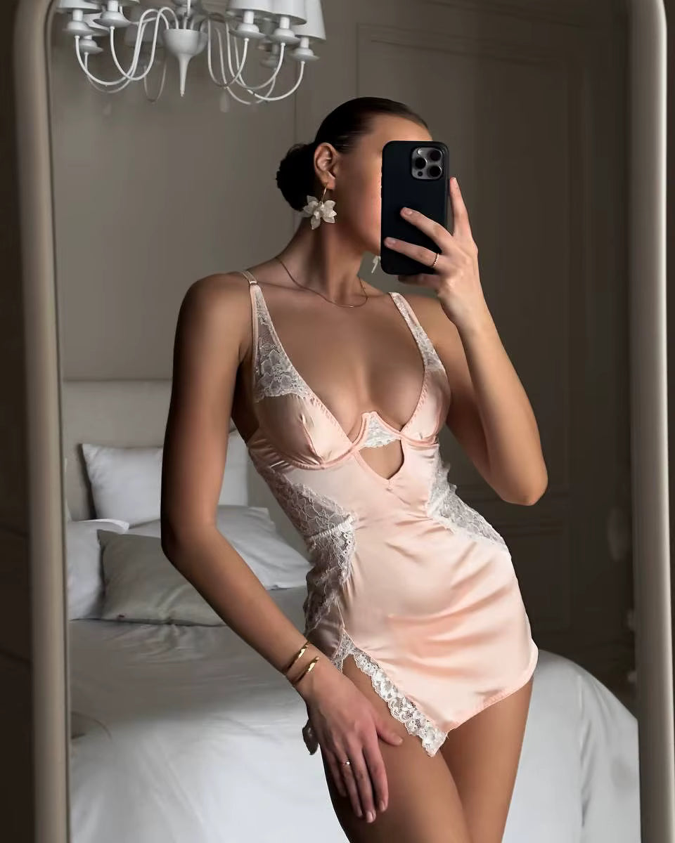 Trendy Deep-V Neck Satin Lace Patchwork Split Sissy Night Dress Lingerie - Seldom Seen Styles