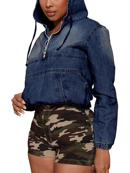 Trendy Women’s Quarter Zip Pullover Hoodie Denim Hooded Shirt – Casual Chic Streetwear Top