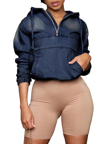 Trendy Women’s Quarter Zip Pullover Hoodie Denim Hooded Shirt – Casual Chic Streetwear Top
