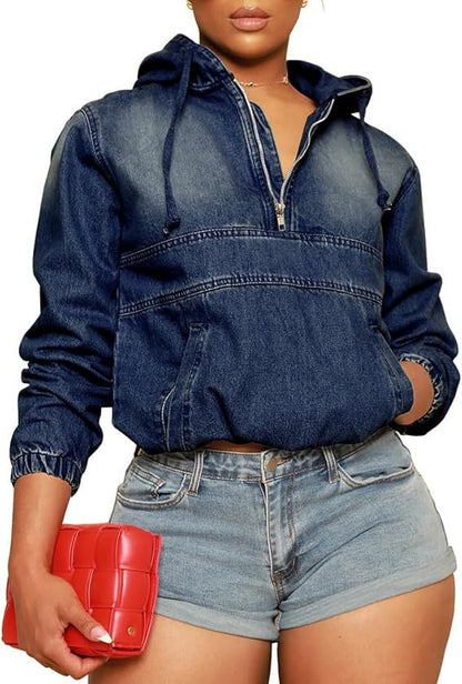 Trendy Women’s Quarter Zip Pullover Hoodie Denim Hooded Shirt – Casual Chic Streetwear Top