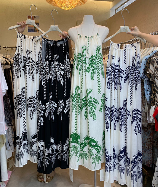 Tropical Palm Tree Print Sleeveless Maxi Dress Halter Neck Tie Boho Summer Beach Dress - Seldom Seen Styles