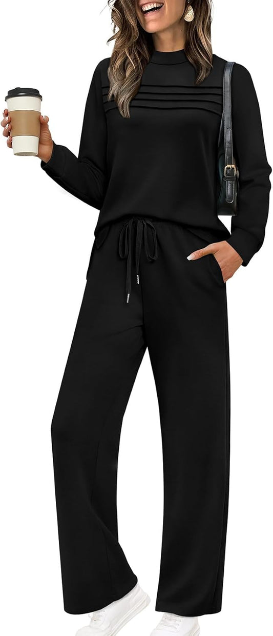 Two Piece Sets for Women Fall Travel Vacation Outfits Long Sleeve Lounge Sets Side Slit Wide Leg Pants S-2XL - Seldom Seen Styles