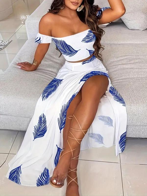 Two-piece Set Women's Feather Print Off Shoulder Crop Top & Split Thigh Skirt, Casual Fashion Cozy Top & Skirt for Daily Holiday Vacation Wear, Ladies Outfits for Summer - Seldom Seen Styles