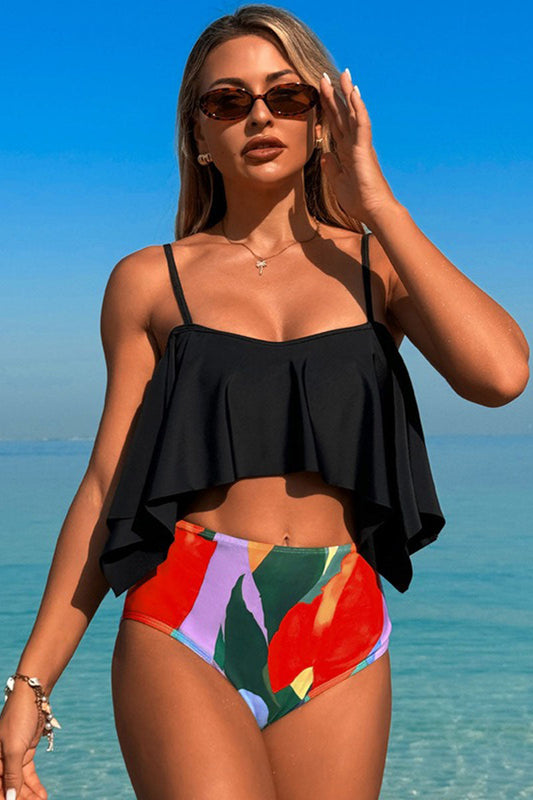 Two-piece swimsuit with large ruffled sleeves and floral shorts - Seldom Seen Styles