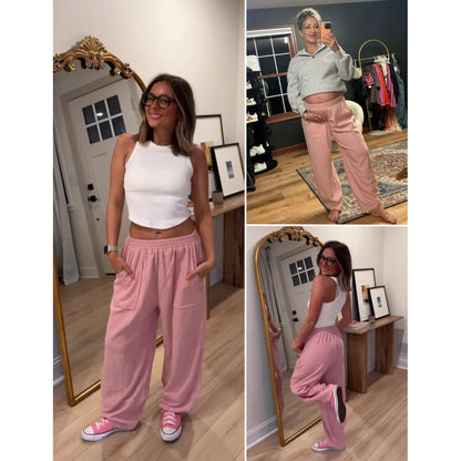 UANEO Women's Baggy Wideleg Pants Casual Elastic Waisted Palazzo Harem Pants with Pockets