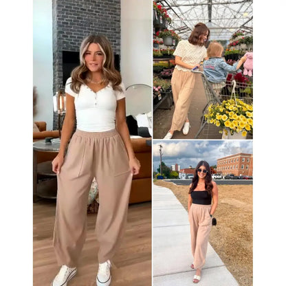 UANEO Women's Baggy Wideleg Pants Casual Elastic Waisted Palazzo Harem Pants with Pockets