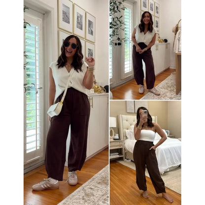 UANEO Women's Baggy Wideleg Pants Casual Elastic Waisted Palazzo Harem Pants with Pockets