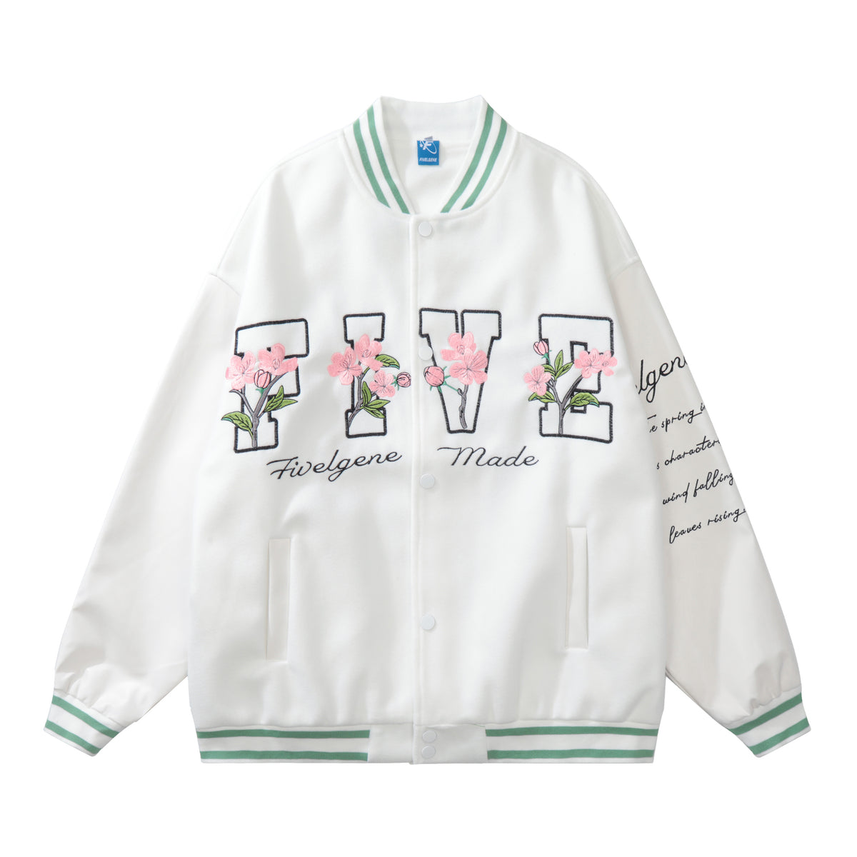 "UNSHAKABLE 'FIVE' Cherry Blossom Varsity Jacket | Mint Green" - Seldom Seen Styles