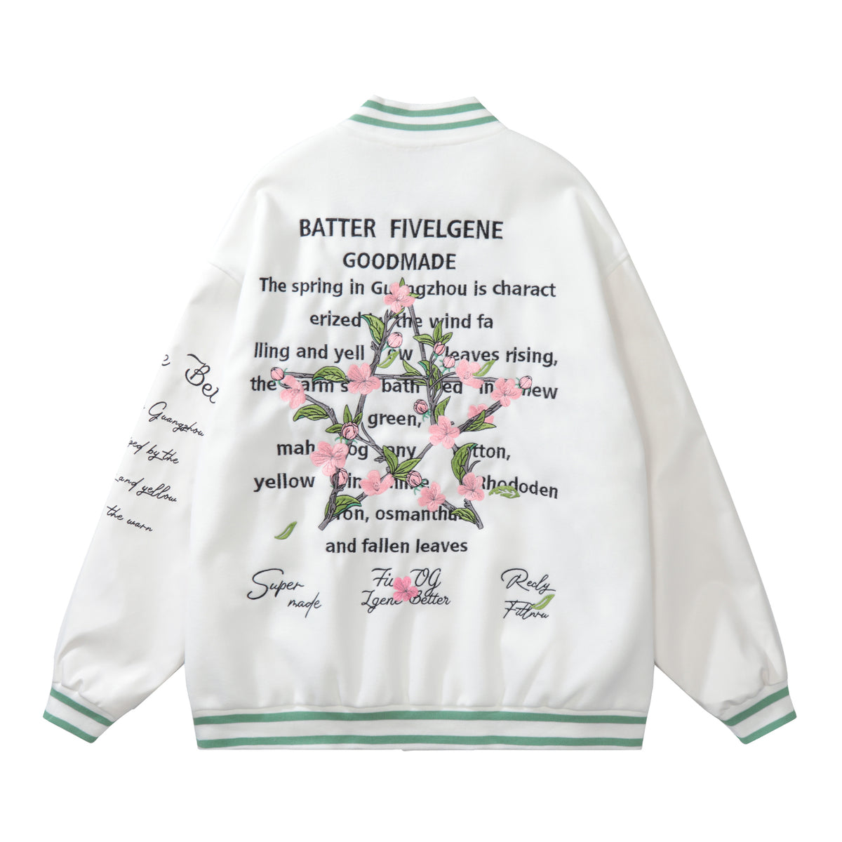 "UNSHAKABLE 'FIVE' Cherry Blossom Varsity Jacket | Mint Green" - Seldom Seen Styles