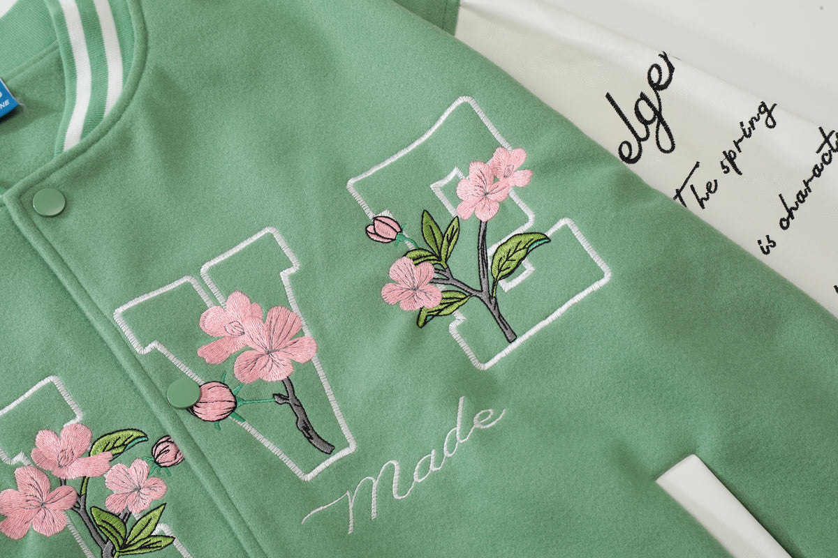 "UNSHAKABLE 'FIVE' Cherry Blossom Varsity Jacket | Mint Green" - Seldom Seen Styles