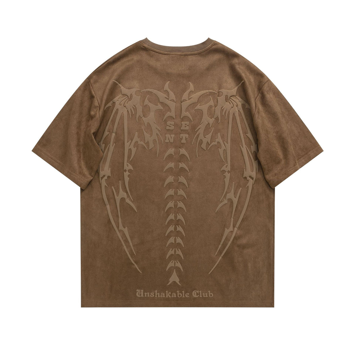 "UNSHAKABLE Suede Embossed Logo Oversized Tee | Brown" - Seldom Seen Styles