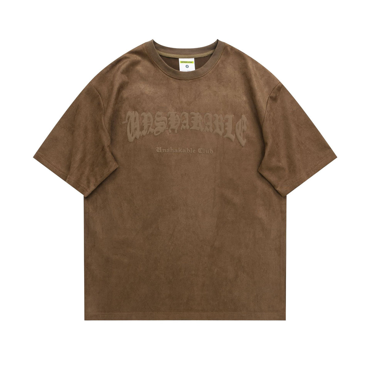 "UNSHAKABLE Suede Embossed Logo Oversized Tee | Brown" - Seldom Seen Styles