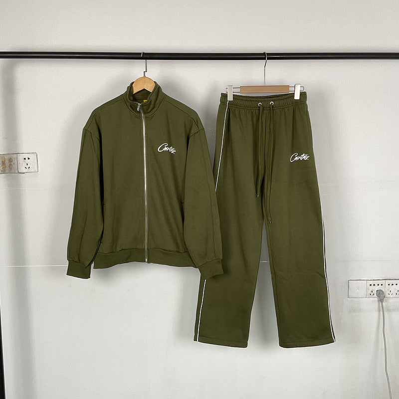 Unisex Embroidered Track Suit Quarter Zip Jacket and Wide Leg Sweatpants Streetwear Two Piece Set - Seldom Seen Styles