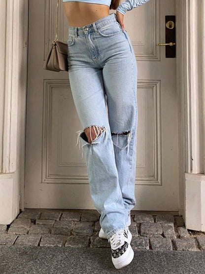 Women's High Waisted Distressed Wide Leg Baggy Jeans - Ripped