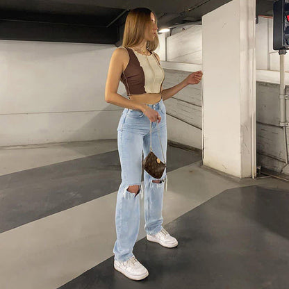 Women's High Waisted Distressed Wide Leg Baggy Jeans - Ripped