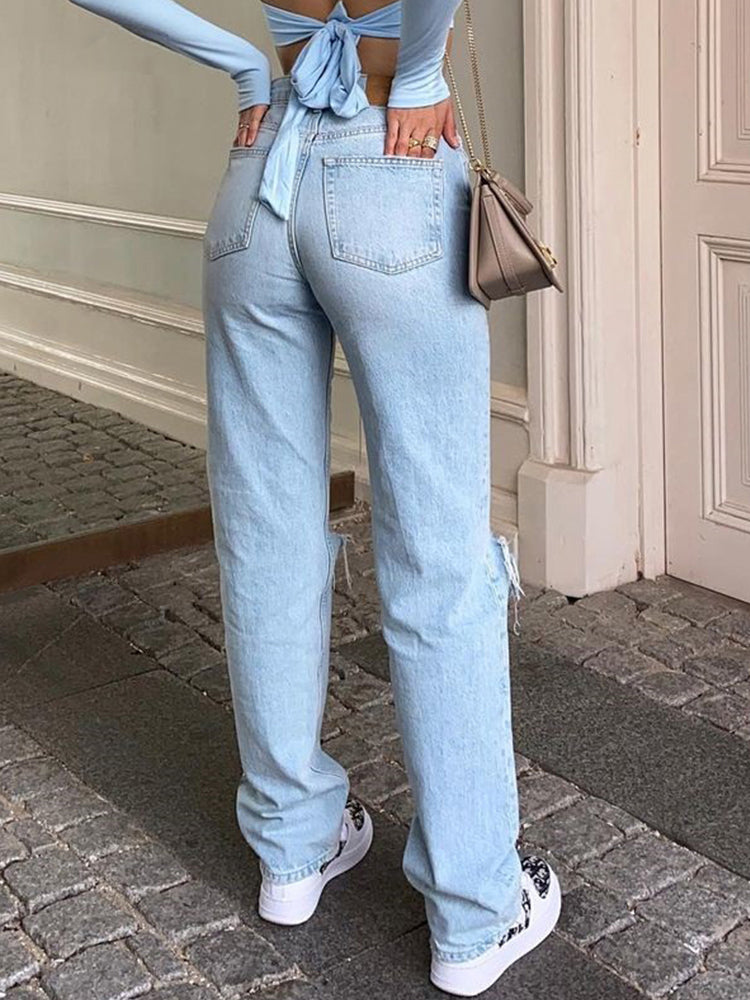 Women's High Waisted Distressed Wide Leg Baggy Jeans - Ripped