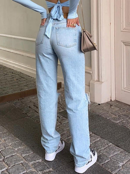 Women's High Waisted Distressed Wide Leg Baggy Jeans - Ripped