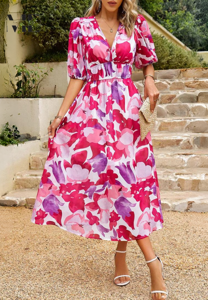 Women's Floral Print Dress with Botanical Design and Relaxed Fit