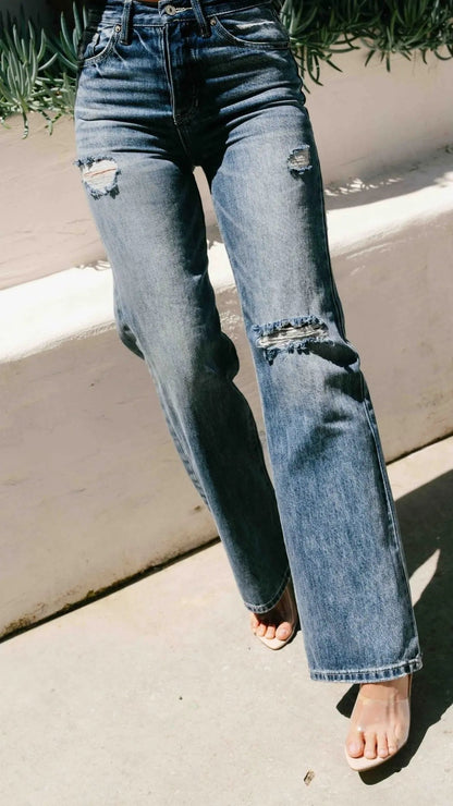 Women's High Rise Flare Jeans Dark Wash Distressed Knee Button Fly 90s Vintage Denim Casual Everyday | Georgia Rise