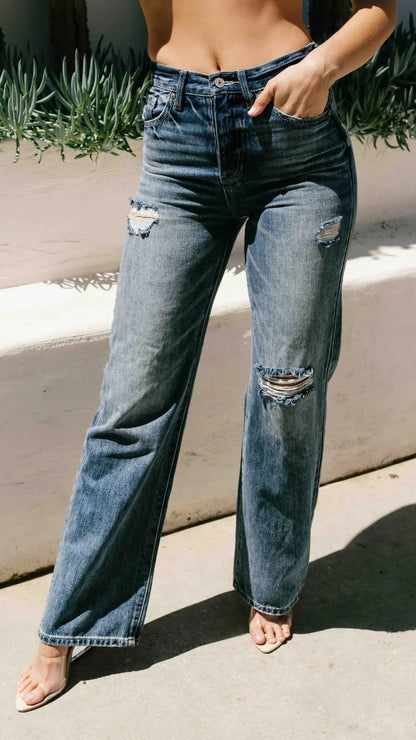 Women's High Rise Flare Jeans Dark Wash Distressed Knee Button Fly 90s Vintage Denim Casual Everyday | Georgia Rise