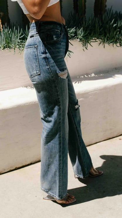 Women's High Rise Flare Jeans Dark Wash Distressed Knee Button Fly 90s Vintage Denim Casual Everyday | Georgia Rise