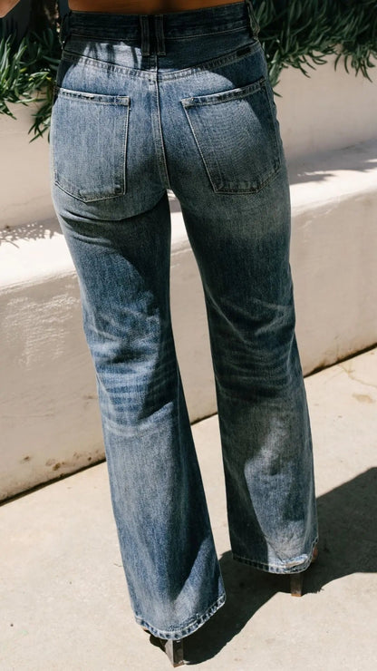 Women's High Rise Flare Jeans Dark Wash Distressed Knee Button Fly Casual Denim