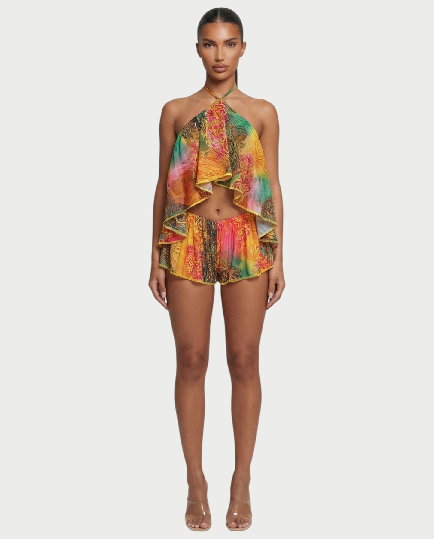 Women's Halter Backless Top and Shorts Set Flowy Ruffle Two Piece Summer Beach Outfit - Seldom Seen Styles