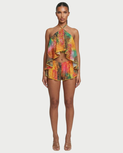Women's Halter Backless Top and Shorts Set Flowy Ruffle Two Piece Summer Beach Outfit