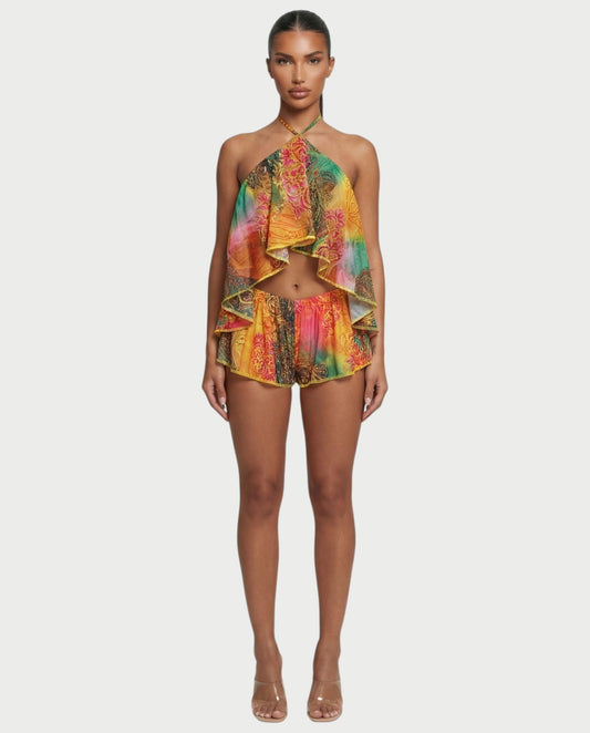 Women's Halter Backless Top and Shorts Set Flowy Ruffle Two Piece Summer Beach Outfit - Seldom Seen Styles