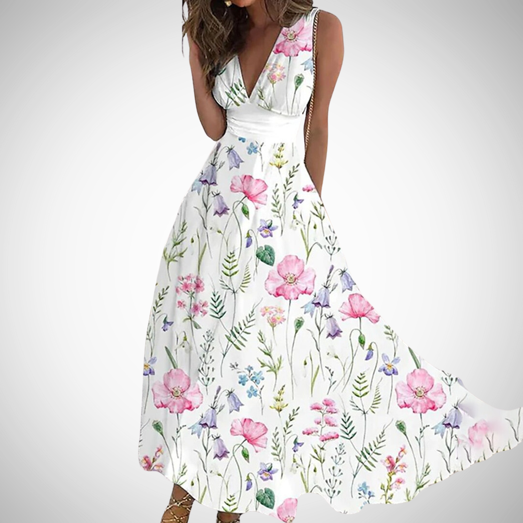 Flora | Women's Floral Maxi Dress Sleeveless V-Neck Wrap Waist - Seldom Seen Styles