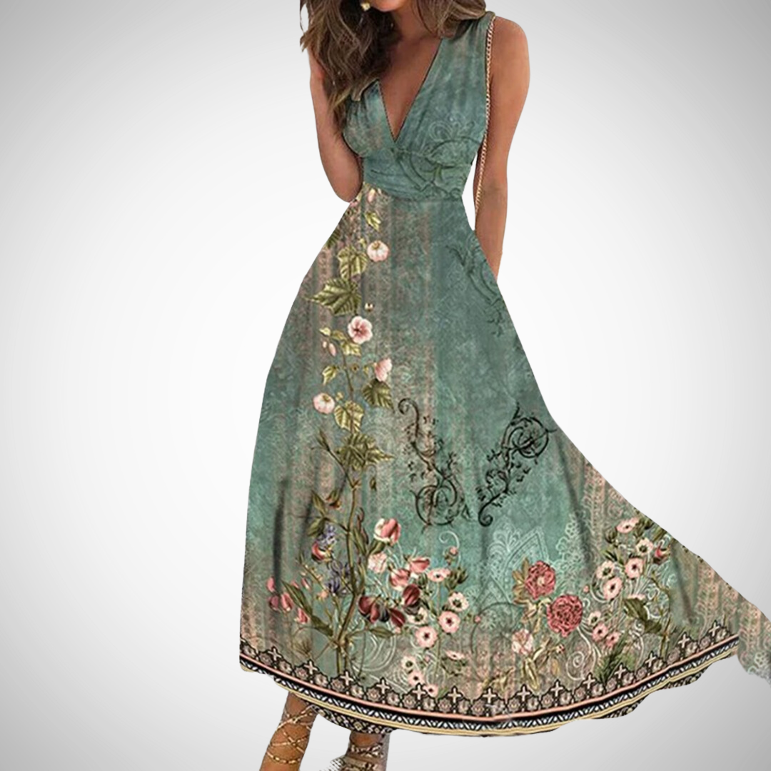 Flora | Women's Floral Maxi Dress Sleeveless V-Neck Wrap Waist - Seldom Seen Styles