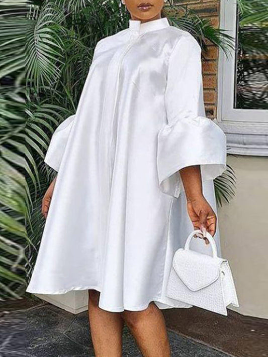 Urban Buttoned Solid Color Stand Collar Flared Sleeve Loose Midi Dress - Seldom Seen Styles
