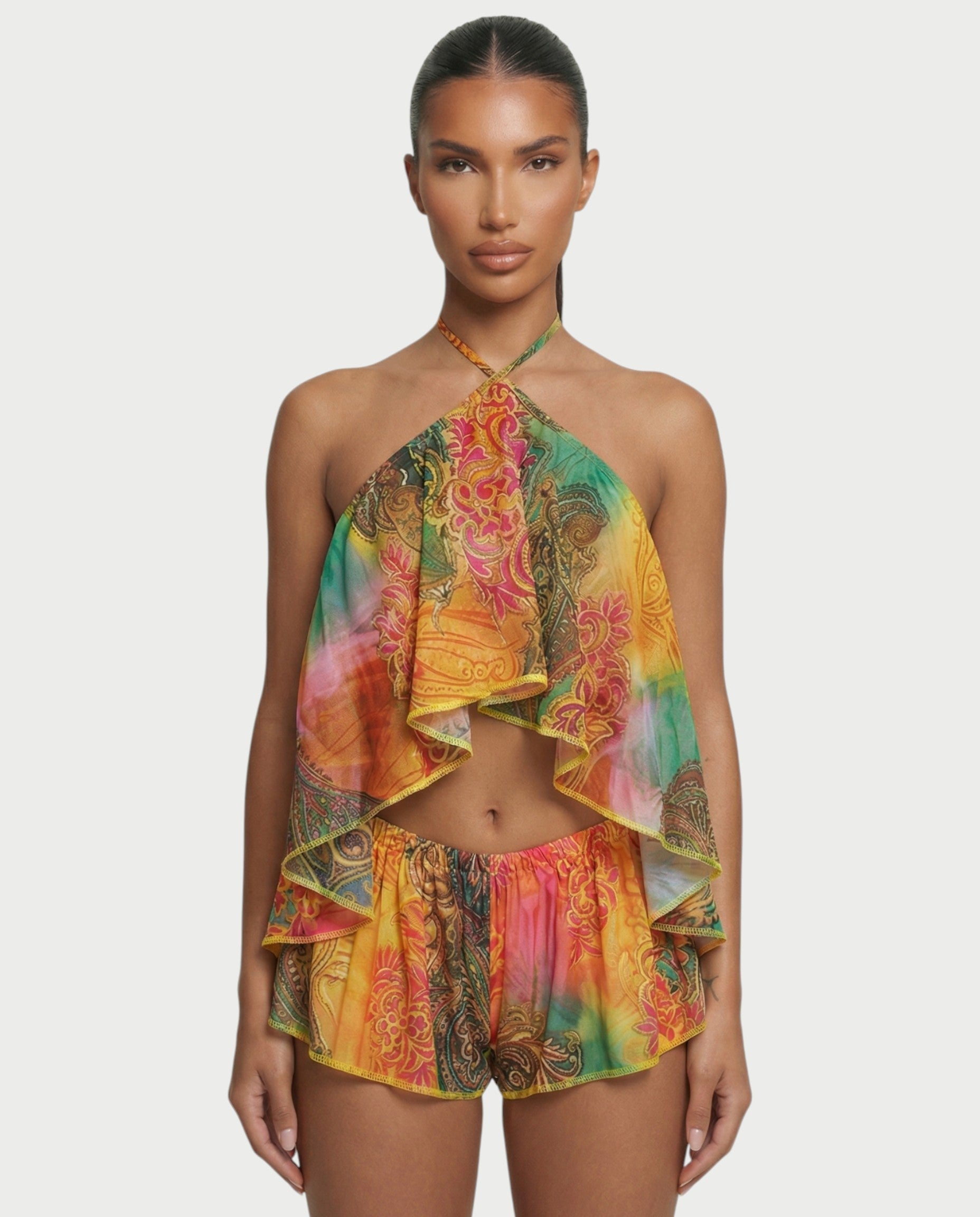 Women's Halter Backless Top and Shorts Set Flowy Ruffle Two Piece Summer Beach Outfit - Seldom Seen Styles