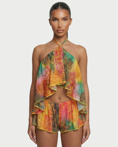 Women's Halter Backless Top and Shorts Set Flowy Ruffle Two Piece Summer Beach Outfit
