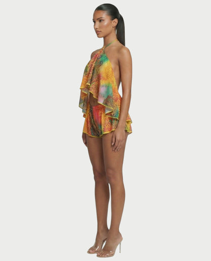 Women's Halter Backless Top and Shorts Set Flowy Ruffle Two Piece Summer Beach Outfit