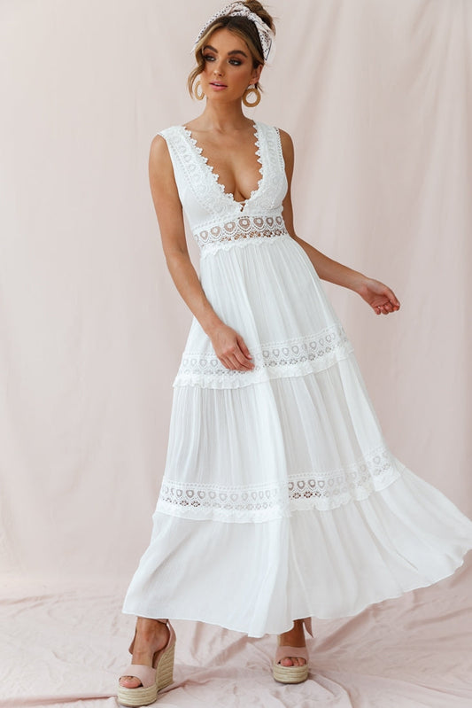 V-Cut White Boho Maxi Dress - Seldom Seen Styles