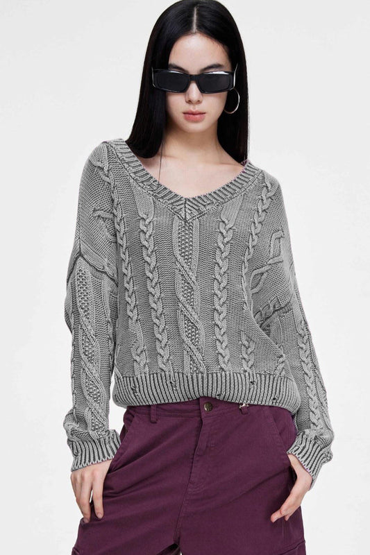 V-Neck  Cable Womens Sweaters Spring 2025 Cable Knit Long Sleeve Sweater Chunky Pullover Loose Outfits - Seldom Seen Styles