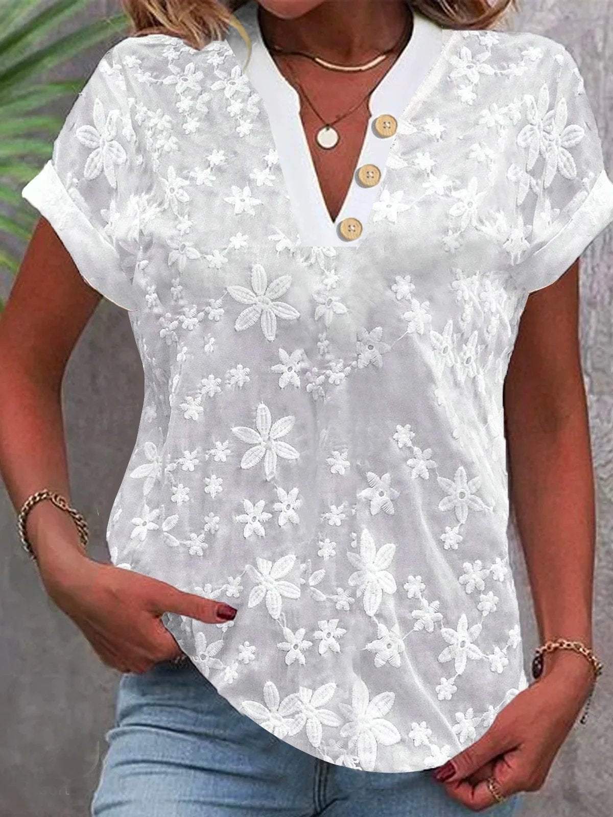 V Neck Embroidery Simple Cotton Plain Loose Blouse - Seldom Seen Styles