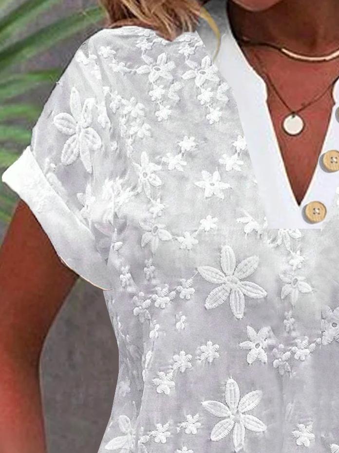 V Neck Embroidery Simple Cotton Plain Loose Blouse - Seldom Seen Styles