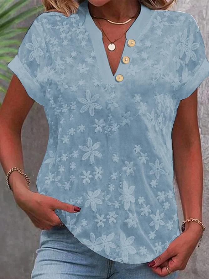 V Neck Embroidery Simple Cotton Plain Loose Blouse - Seldom Seen Styles
