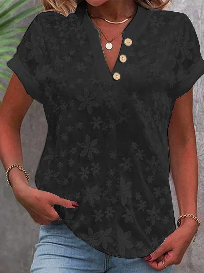 V Neck Embroidery Simple Cotton Plain Loose Blouse - Seldom Seen Styles