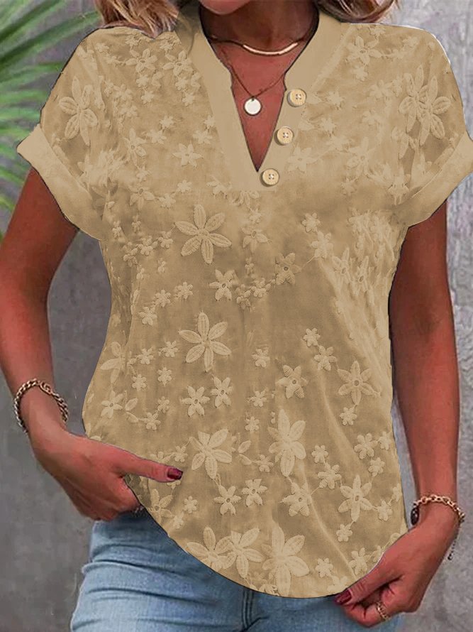 V Neck Embroidery Simple Cotton Plain Loose Blouse - Seldom Seen Styles