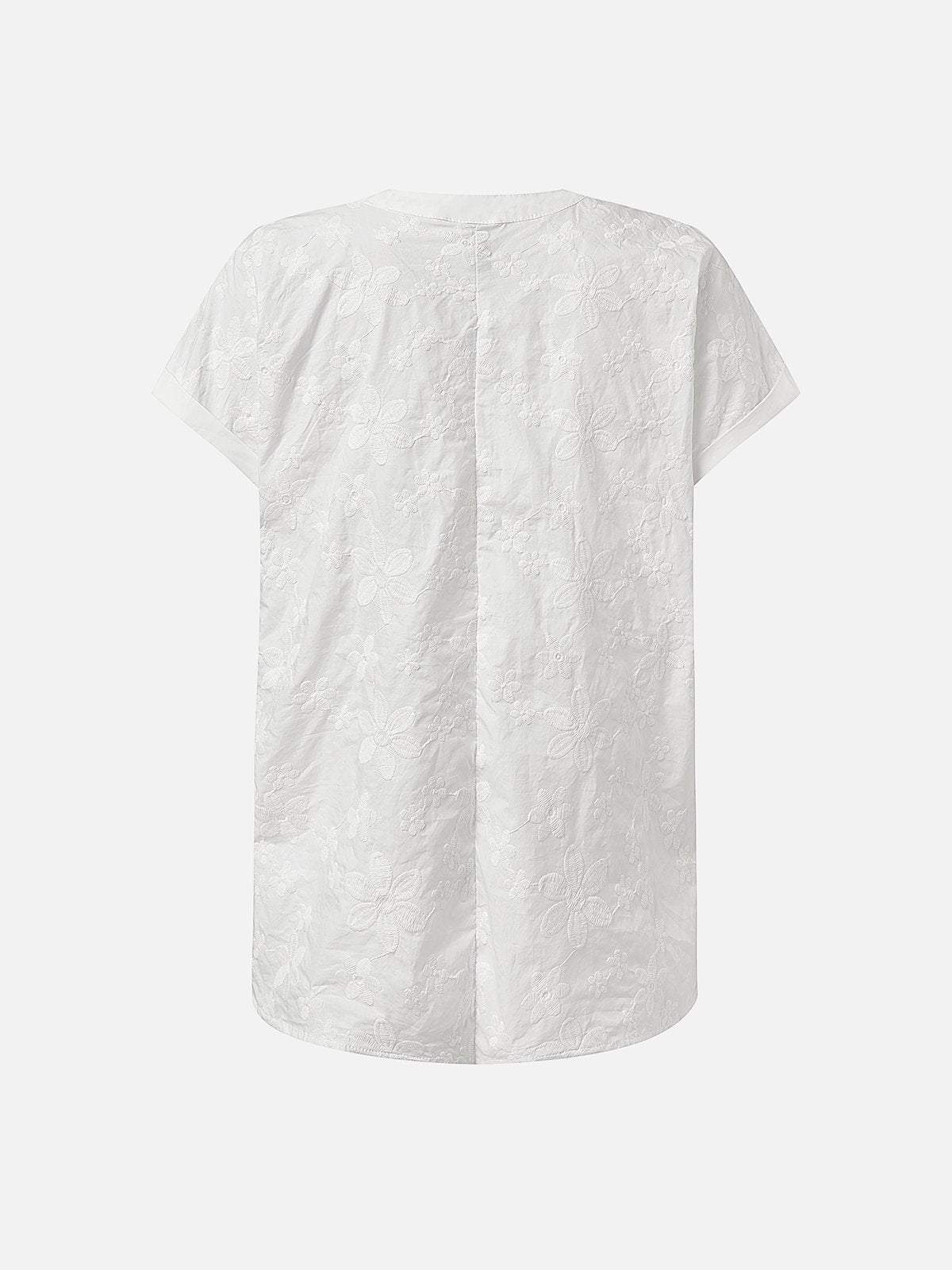 V Neck Embroidery Simple Cotton Plain Loose Blouse - Seldom Seen Styles
